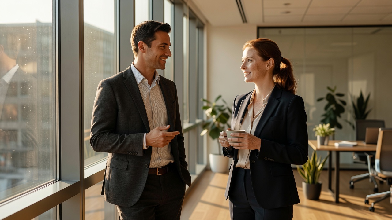 Two colleagues taking a genuine conversation break beside a sunlit office window