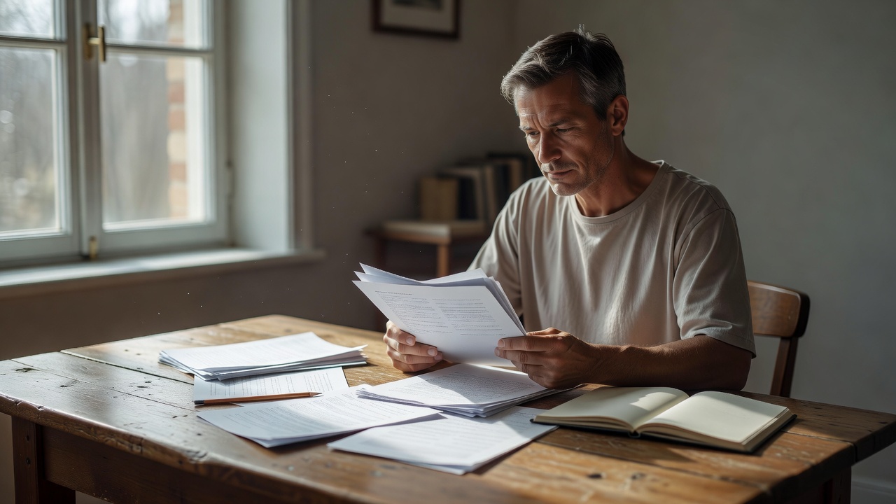 A person reading printed notes at a wooden worktable in natural window light