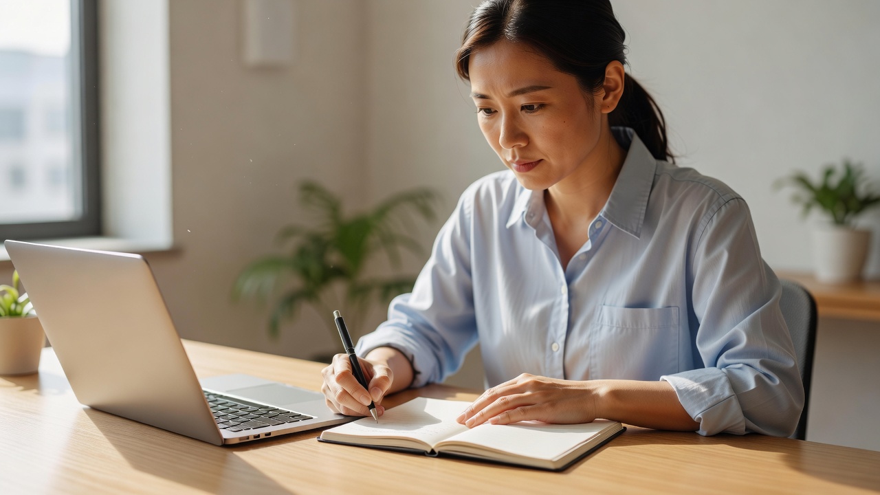 A worker writing a short next-action note in a notebook beside an open laptop in daylight